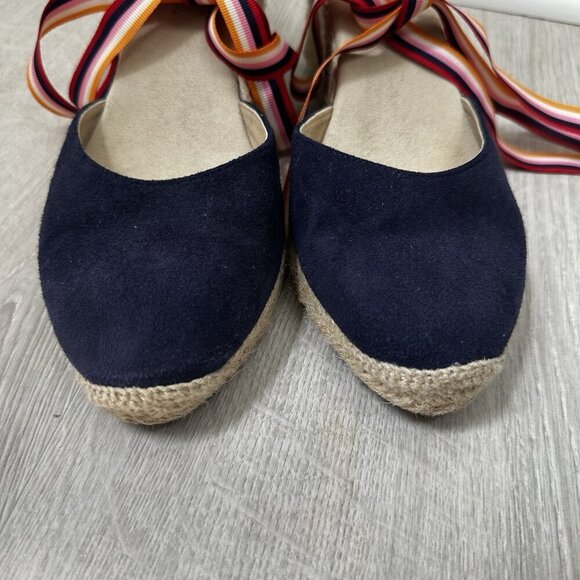 BODEN Cassie Navy Suede Wedge Espadrille Sandals Sz 38 Multistripe Ribbons Boho - Picture 3 of 10